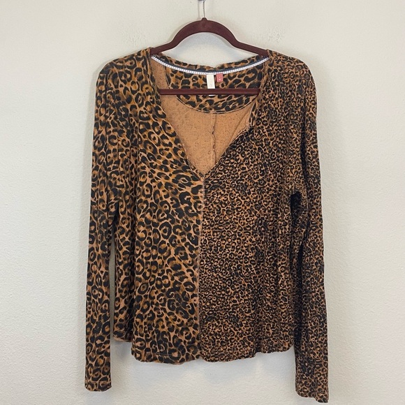 Anthropologie Pilcro Animal Print Long Sleeves Waffle Thermal Blouse Size Large - Picture 2 of 7